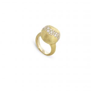 Front view of ring. A yellow gold hand engraved ring features a large center boule with various sized diamonds scattered across, like as a river of diamonds running through the middle
