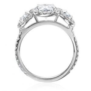 Engagament ring open ring view with three round diamonds each with thin diamond halo on white background