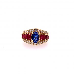 Bailey’s Estate Vintage Oval Sapphire with Diamond and Ruby Gemstones Ring RINGS Bailey's Fine Jewelry
