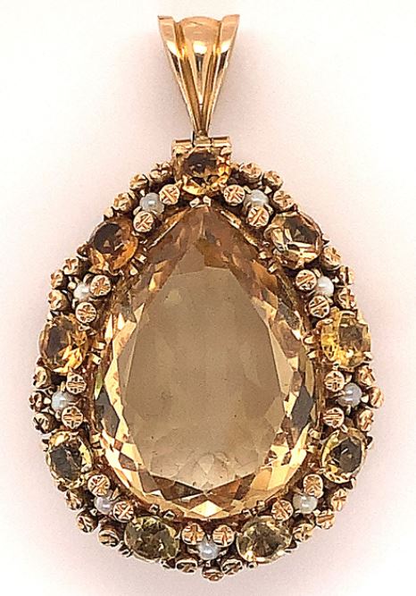 Bailey's Estate Mid Century Pear Shaped Citrine and Pearl Pendant