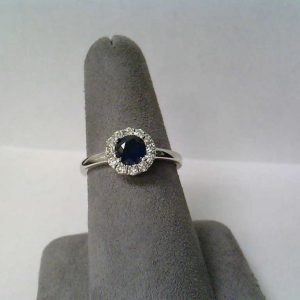 Round Sapphire & Diamond Halo Ring in 14k White Gold RINGS Bailey's Fine Jewelry