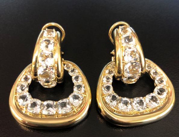Seaman Schepps Madison Hoop Earrings and Madison Buckle Drops with White Quartz in 18kt Yellow Gold