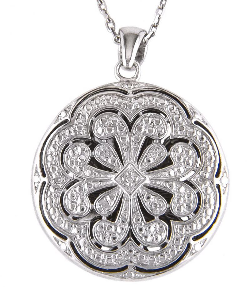 Sterling Silver and Diamond Flower Locket Pendant Necklace