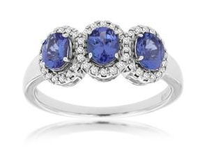Diamond Halo & Tanzanite Three Stone Ring in 14k White Gold RINGS Bailey's Fine Jewelry