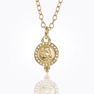 Temple St. Clair Angel 18k Gold 10mm Cherub Pendant with Diamond Halo ENHANCER Bailey's Fine Jewelry