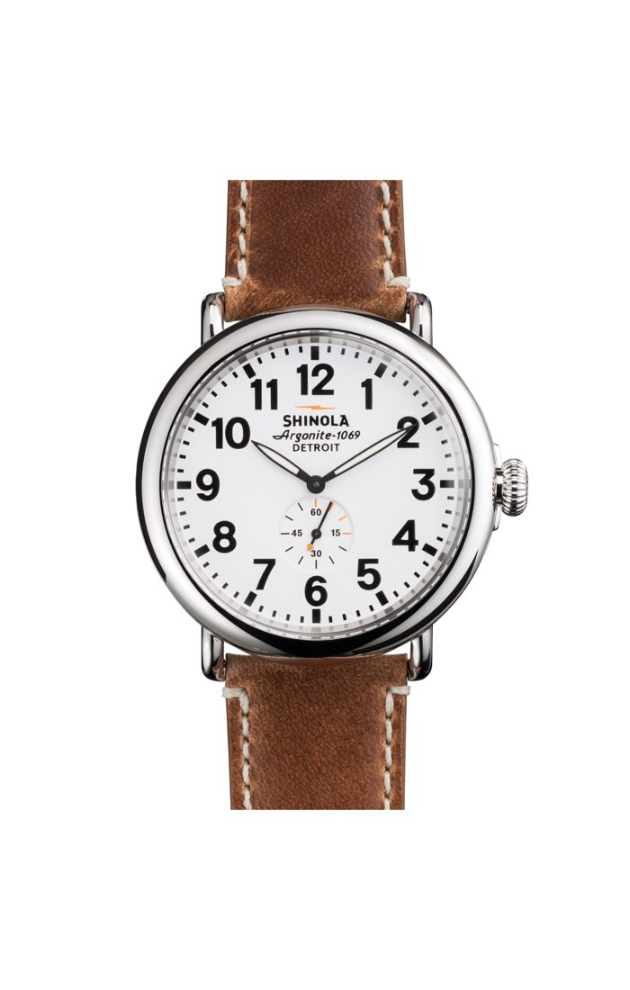 Shinola Runwell 47mm Watch with White Dial and Brown Leather Strap