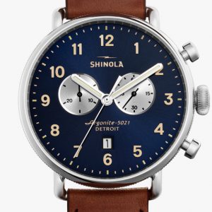 Shinola Canfield Chronograph 43mm Watch with Navy Dial and Dark Cognac Leather Strap WATCH Bailey's Fine Jewelry