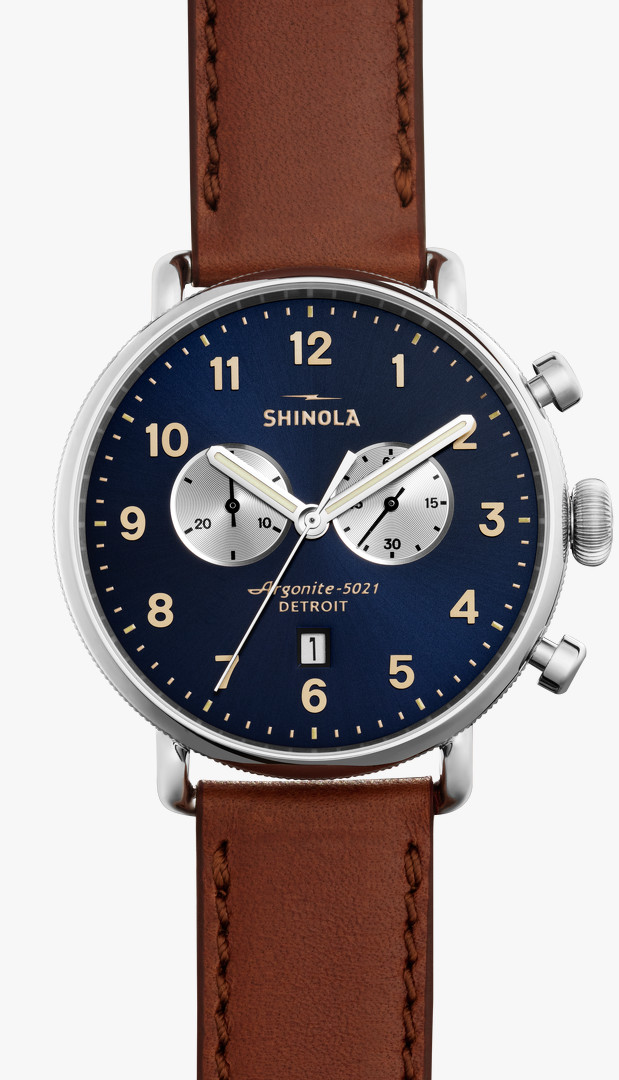 Shinola Canfield Chronograph 43mm Watch with Navy Dial and Dark Cognac Leather Strap