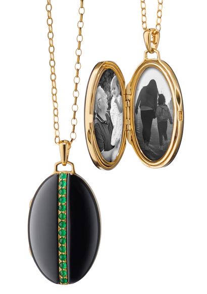 Monica Rich Kosann Black Ceramic & Gold Locket With Emeralds