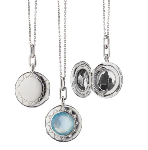 Monica Rich Kosann Round Blue Topaz Over Mother of Pearl with White Sapphires Locket Necklace