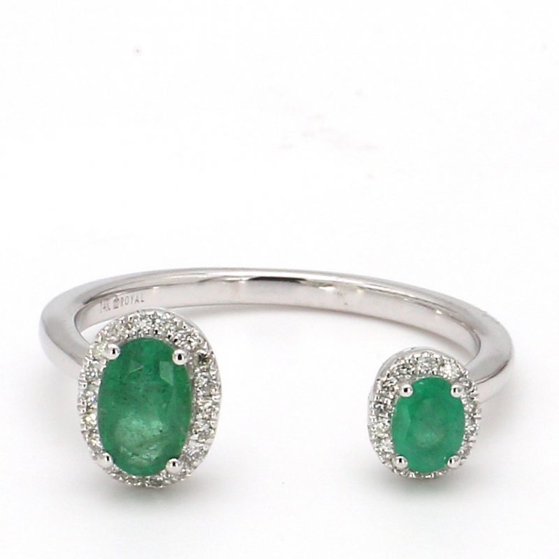 Oval Emeralds with Diamond Halo Open Cuff Ring