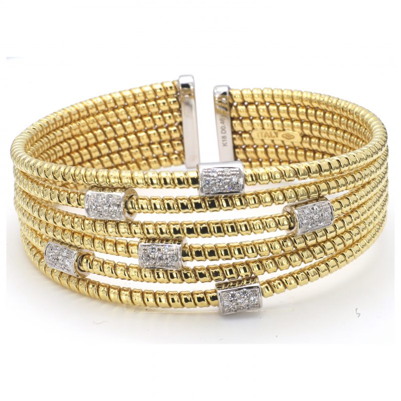 Yellow and White Gold Multi Strand Cuff with Diamond Stations