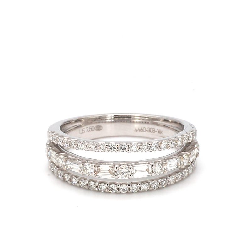 Round and Baguette Three Row White Gold Diamond Ring