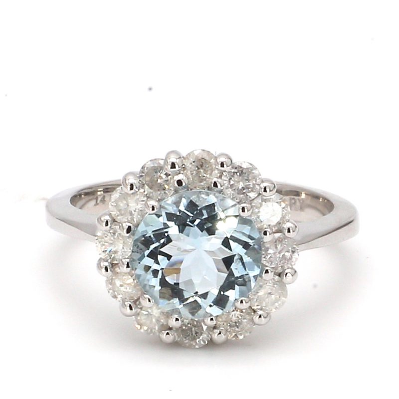 Round Aquamarine Gemstone with Diamond Halo Ring