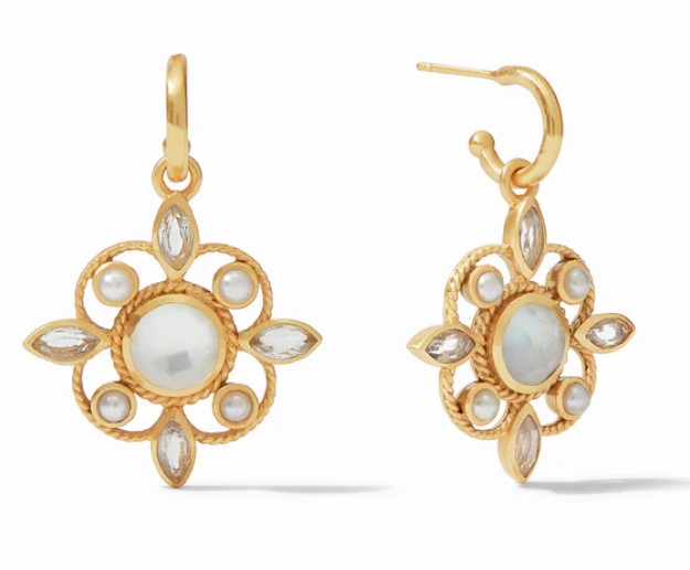 Julie Vos Monaco Hoop and Charm Earring in Iridescent Clear Crystal and Pearl Accents