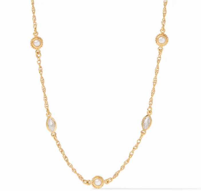 Julie Vos Monaco Delicate Station Necklace with Cubic Zirconia and Pearl