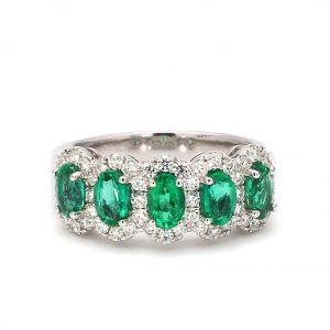 Five Stone Emerald With Diamond Halos Band Ring RINGS Bailey's Fine Jewelry