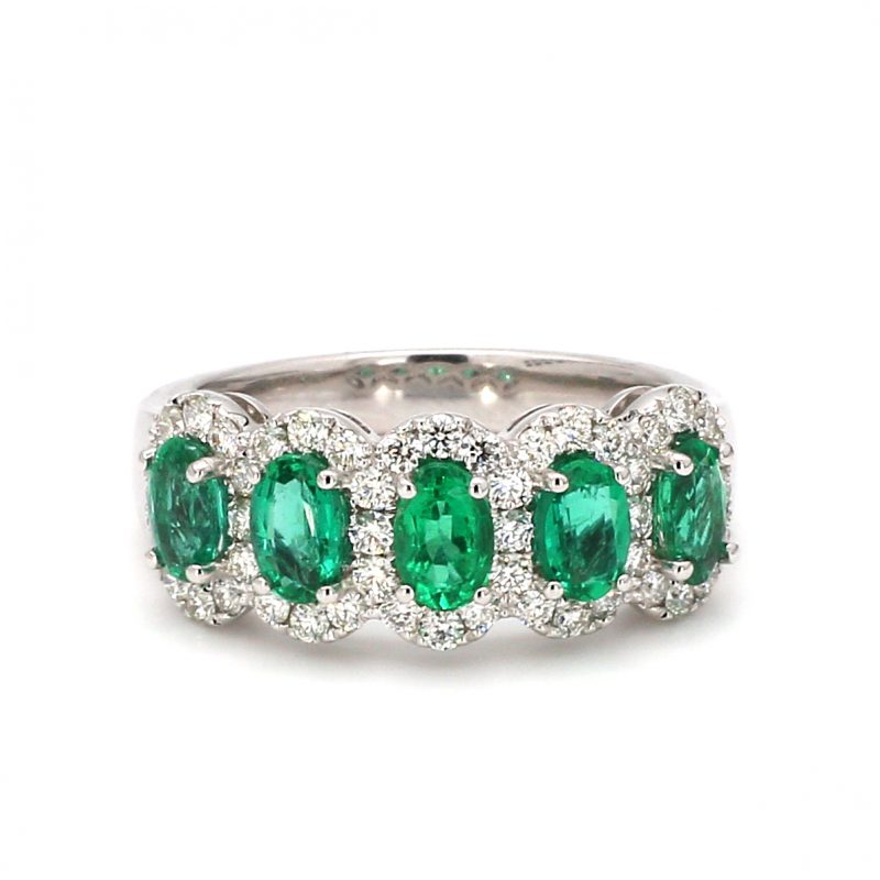 Five Stone Emerald With Diamond Halos Band Ring