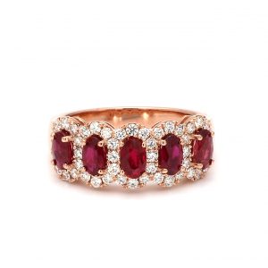 Five Stone Oval Ruby Ring With Diamond Halos RINGS Bailey's Fine Jewelry