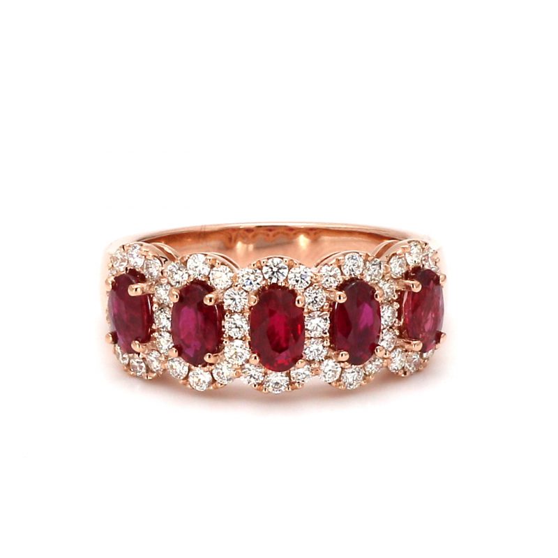 Five Stone Oval Ruby Ring With Diamond Halos