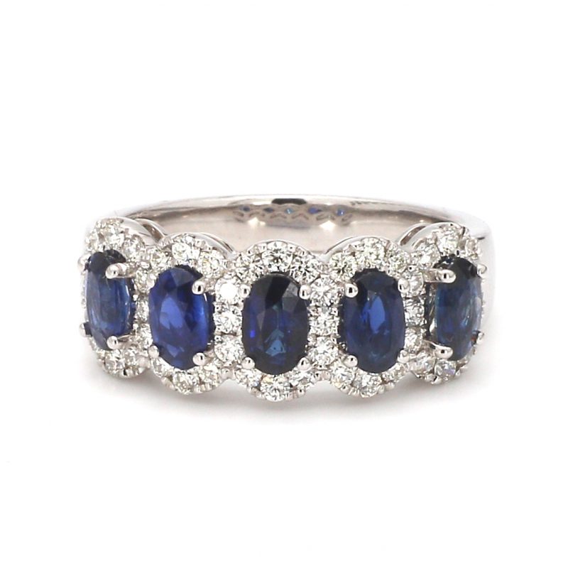 Five Stone Sapphire Ring with Diamond Halos