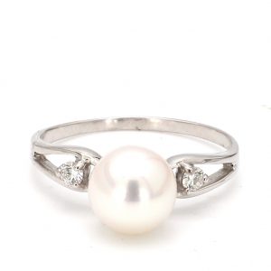 White Gold Cultured Pearl Ring with Diamonds RINGS Bailey's Fine Jewelry