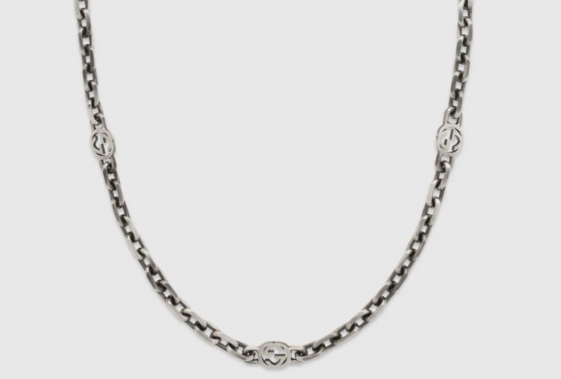 Gucci Interlocking G Aged Silver Station Necklace