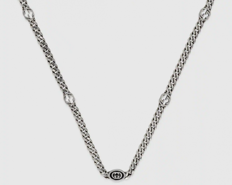 Gucci Interlocking G Black Enamel Silver Necklace