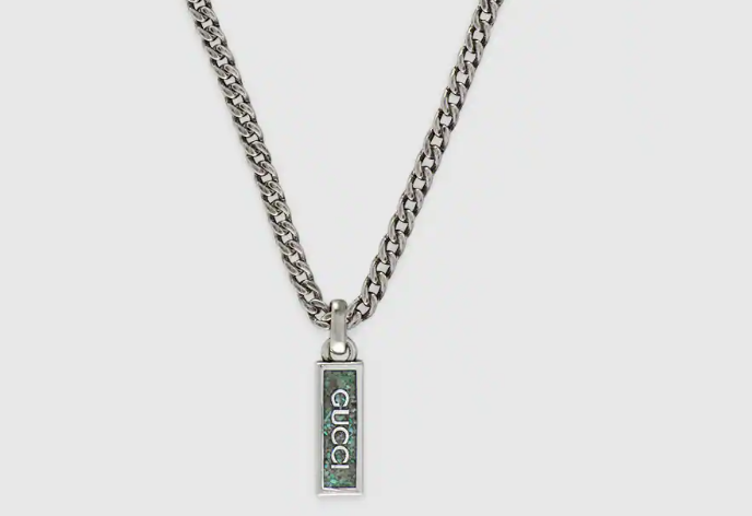 Gucci Tag Turquoise Enamel Script pendant Silver Necklace
