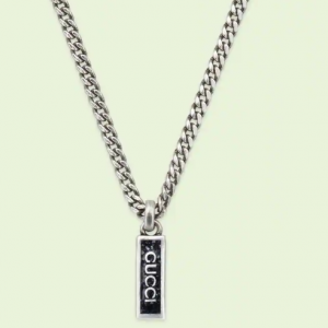 Gucci Tag Black Enamel Script pendant Silver Necklace NECKLACE Bailey's Fine Jewelry