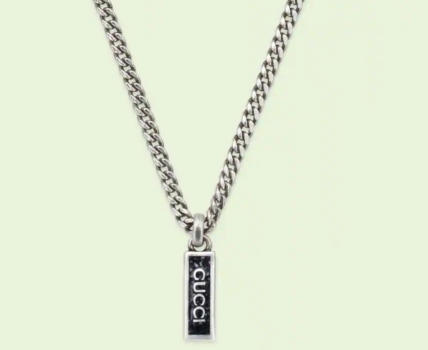 Gucci Tag Black Enamel Script pendant Silver Necklace