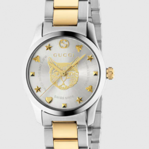 Gucci G-Timeless Iconic 27mm Silver Feline Head Steel and Yellow Gold PVD Watch WATCH Bailey's Fine Jewelry