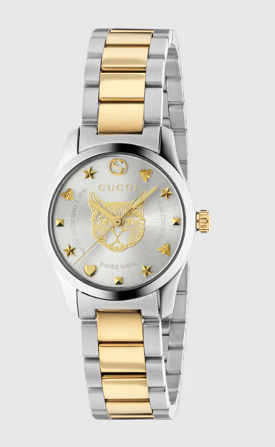 Gucci G-Timeless Iconic 27mm Silver Feline Head Steel and Yellow Gold PVD Watch