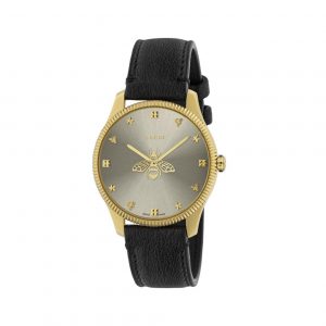 Gucci G-Timeless Slim 36mm Yellow Gold PVD SIlver Bee Leather Watch WATCH Bailey's Fine Jewelry