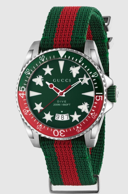 Gucci Dive 40mm Green and Red Icon Web Nylon Watch